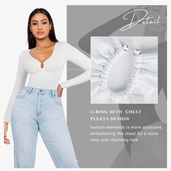 NWT FeelinGirl Tummy Control Long Sleeve White Deep V Neck U Ring Bodysuit - Picture 3 of 13